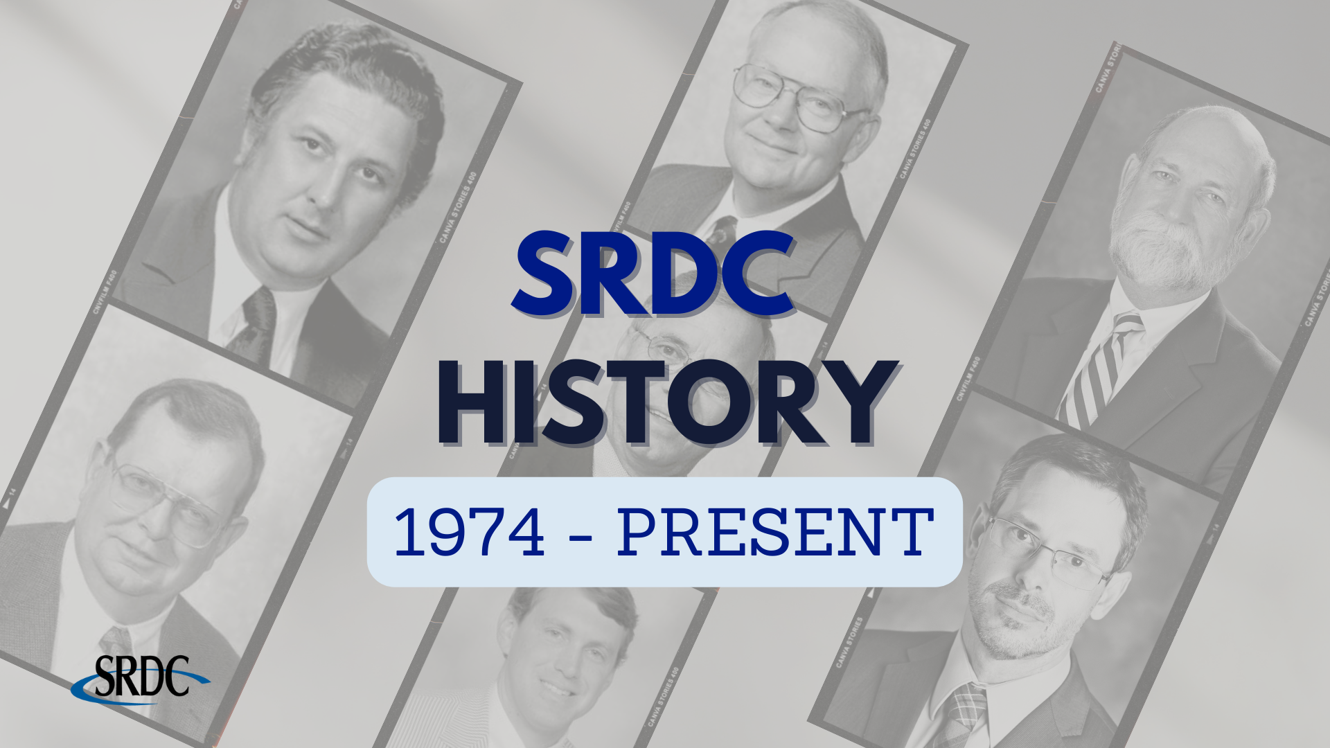 grayscale portraits of SRDC directors with caption "SRDC History 1974-Present"