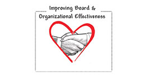 logo of two black/white/grey hands shaking inside of a red heart titled improving board and organizational effectiveness